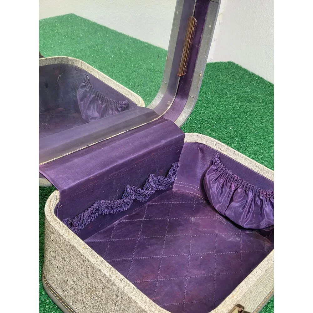 Vintage Tweed Vanity Case Train Luggage Makeup Train Case Purple Interior